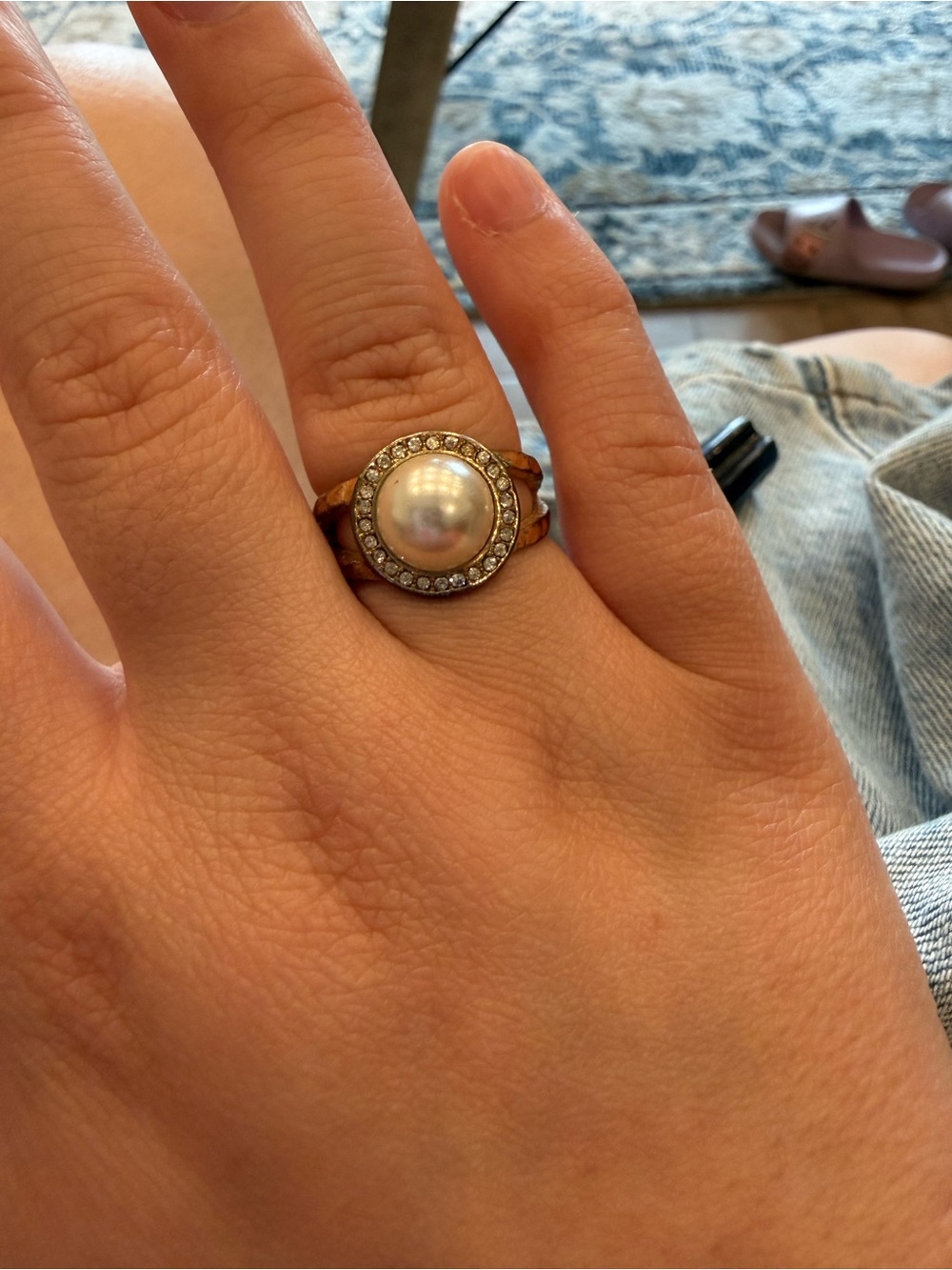 Classic Pearl Halo Statement Ring - Gold Tone Size 9